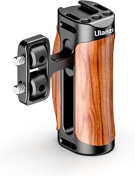 Ulanzi R075 Universal Left/Right Wooden Side Handle with 1/4″-20 Screw Mount, Built-in Hex Wrench & Accessory Cold Shoe (2238)